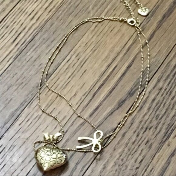 NIB Betsey Johnson Multi Strand Puffy Heart Animal Print Bow Charm Necklace - Picture 7 of 10